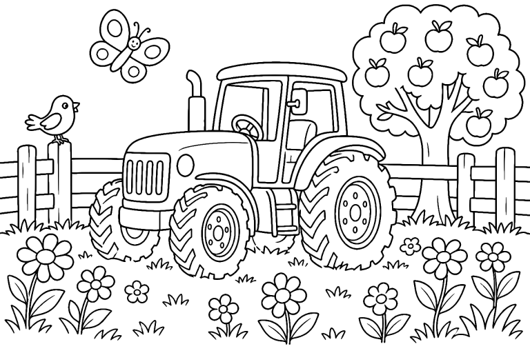 Traktor auf der bunten Blumenwiese – Ausmalbild für Kinder ab 6 Jahren - Ausmalbild ab 6 Jahren