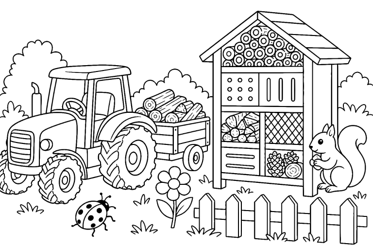 Traktor beim Bau eines Insektenhotels – Ausmalbild für Kinder ab 6 Jahren - Ausmalbild ab 6 Jahren