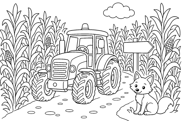 Traktor im Maislabyrinth – Ausmalbild für Kinder ab 6 Jahren - Ausmalbild ab 6 Jahren