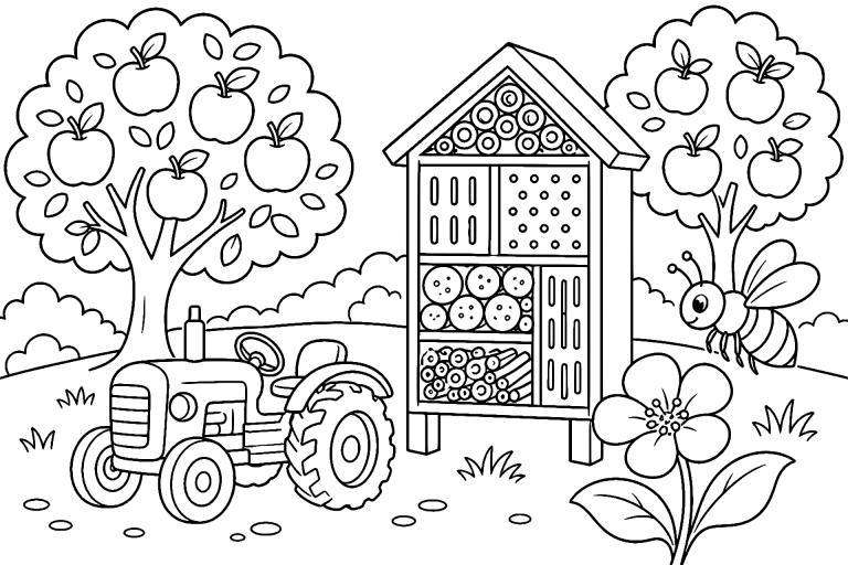 Traktor im Obstgarten mit Bienenhotel – Ausmalbild für Kinder ab 6 Jahren - Ausmalbild ab 6 Jahren