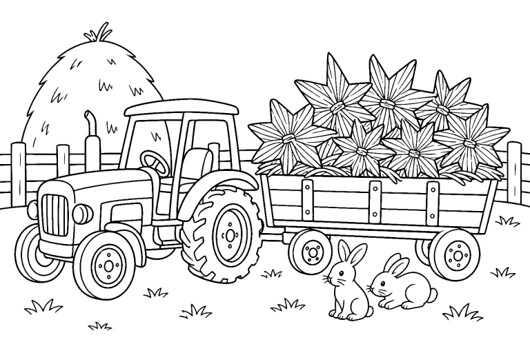 Traktor mit Anhänger voller Strohsterne – Ausmalbild für Kinder ab 6 Jahren - Ausmalbild ab 6 Jahren