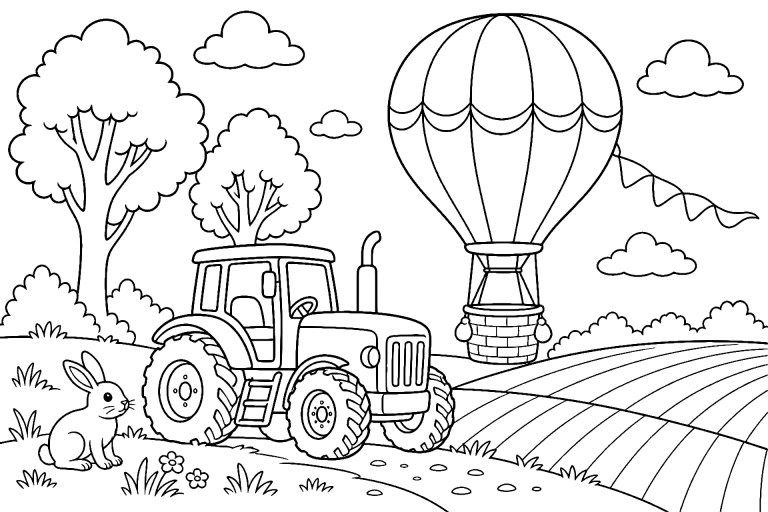 Traktor mit Heißluftballon am Feldrand – Ausmalbild für Kinder ab 6 Jahren - Ausmalbild ab 6 Jahren