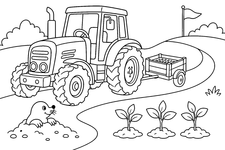Traktor mit Saatgutkiste auf dem Feldweg – Ausmalbild für Kinder ab 6 Jahren - Ausmalbild ab 6 Jahren