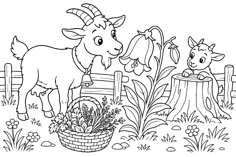 Bauernhoftiere Ausmalbild ab 6 Jahre – Ziege mit Glockenblume - Ausmalbild ab 6 Jahren