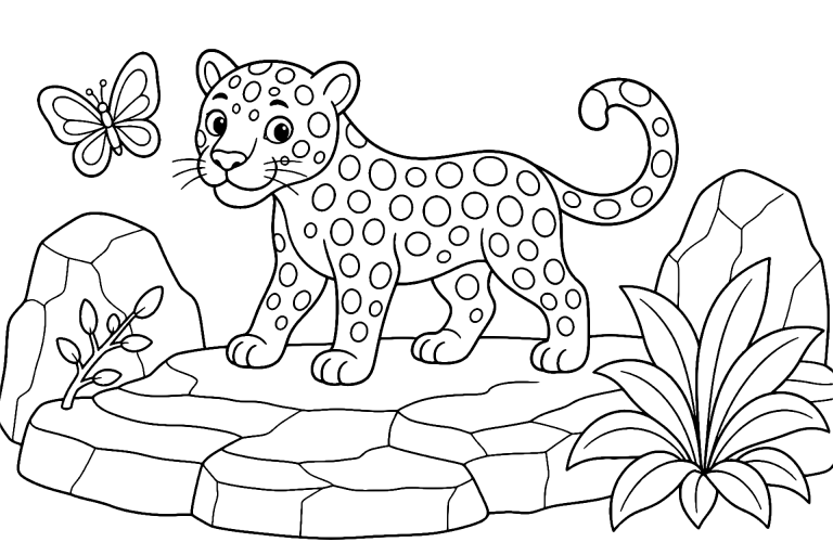Dschungeltiere Ausmalbild ab 6 Jahre - Jaguar auf dem Felsenpfad - Ausmalbild ab 6 Jahren