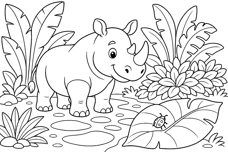 Dschungeltiere Ausmalbild ab 6 Jahre - Nashorn mit dem verlorenen Blatt - Ausmalbild ab 6 Jahren