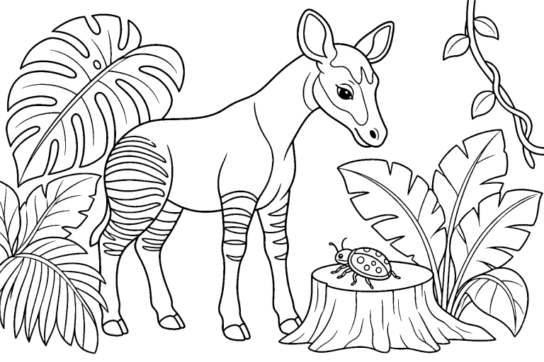 Dschungeltiere Ausmalbild ab 6 Jahre - Okapi mit dem bunten Käfer - Ausmalbild ab 6 Jahren