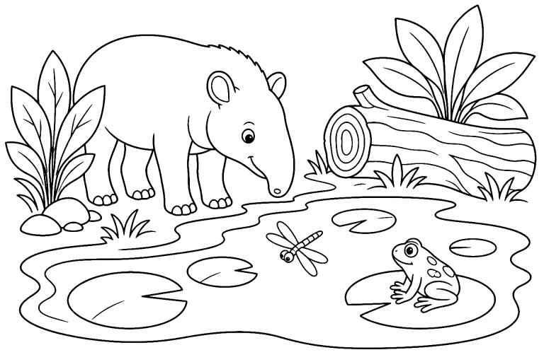 Dschungeltiere Ausmalbild ab 6 Jahre - Tapir am Blätterteich - Ausmalbild ab 6 Jahren