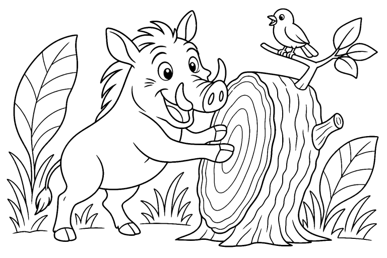 Dschungeltiere Ausmalbild ab 6 Jahre - Warzenschwein am Trommelbaum - Ausmalbild ab 6 Jahren