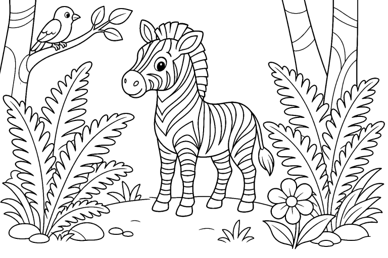 Dschungeltiere Ausmalbild ab 6 Jahre - Zebra an der geheimen Lichtung - Ausmalbild ab 6 Jahren
