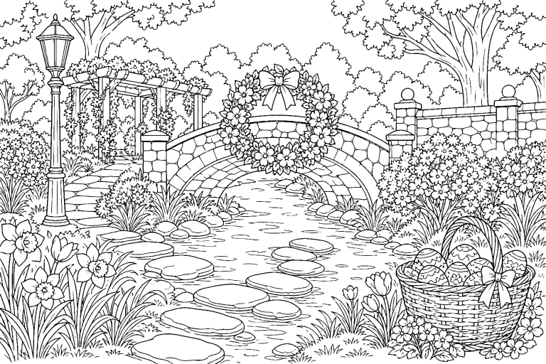 Osterbrücke im Frühlingspark – Ausmalbild ab 11 Jahren - Ausmalbild ab 11 Jahren