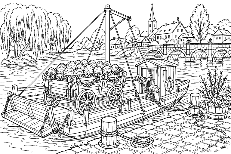Osterfähre auf dem Fluss – Ausmalbild ab 11 Jahren - Ausmalbild ab 11 Jahren