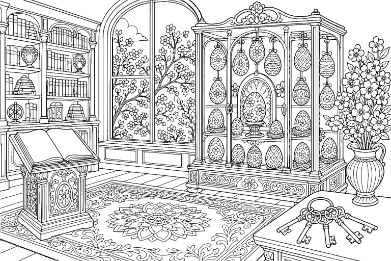 Osterkalender in der Bibliotheksvitrine – Ausmalbild ab 11 Jahren - Ausmalbild ab 11 Jahren