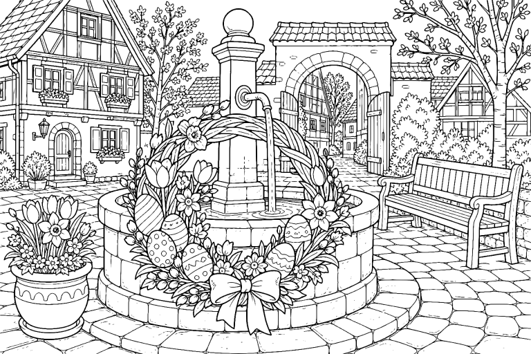 Osterkranz am Dorfbrunnen – Ausmalbild ab 11 Jahren - Ausmalbild ab 11 Jahren