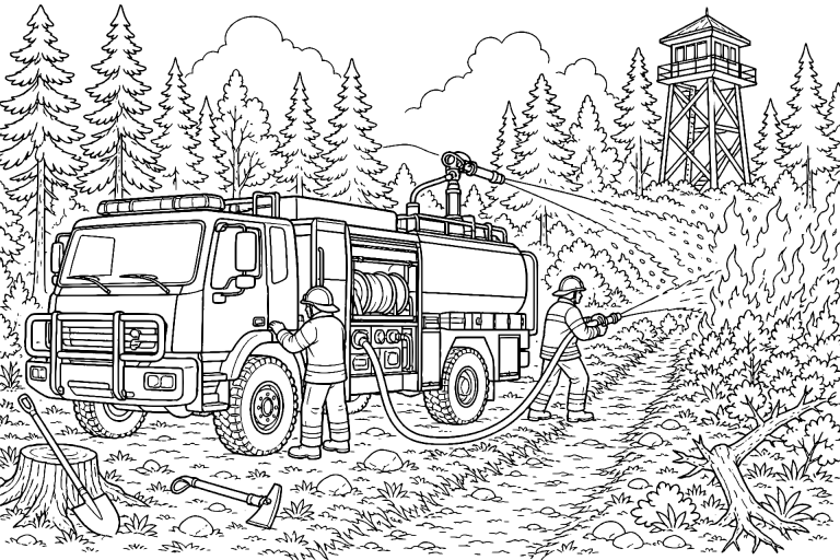 Feuerwehrfahrzeug am Waldbrandstreifen – Ausmalbild ab 11 Jahren - Ausmalbild ab 11 Jahren
