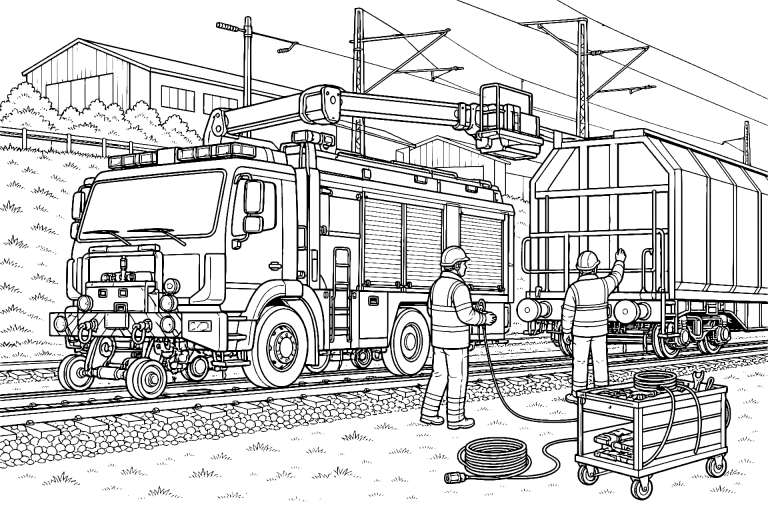 Feuerwehrfahrzeug an der Bahnstrecke – Ausmalbild ab 11 Jahren - Ausmalbild ab 11 Jahren