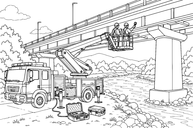 Feuerwehrfahrzeug bei der Brückenprüfung – Ausmalbild ab 11 Jahren - Ausmalbild ab 11 Jahren