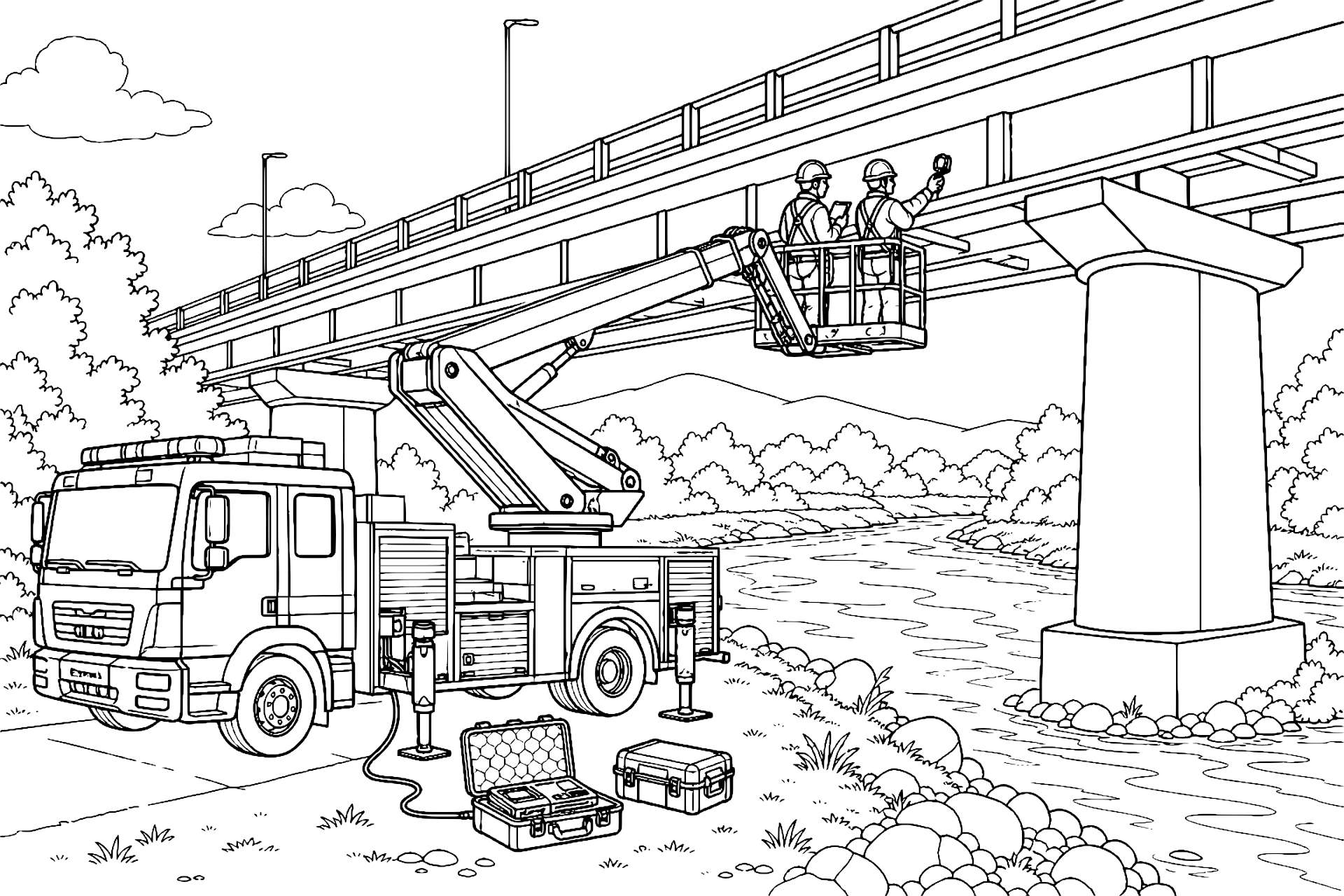Feuerwehrfahrzeug bei der Brückenprüfung