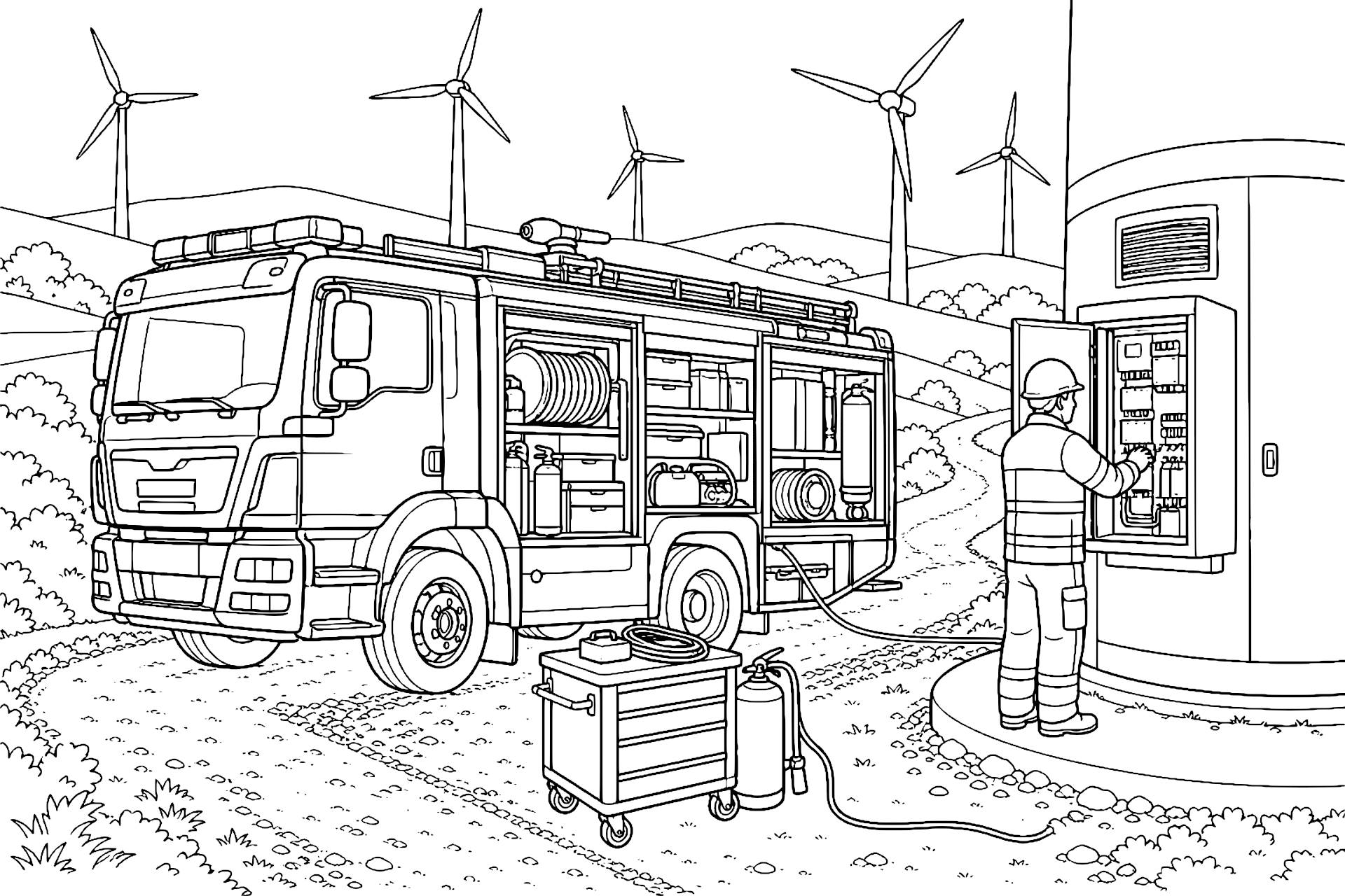 Feuerwehrfahrzeug vor dem Windradpark