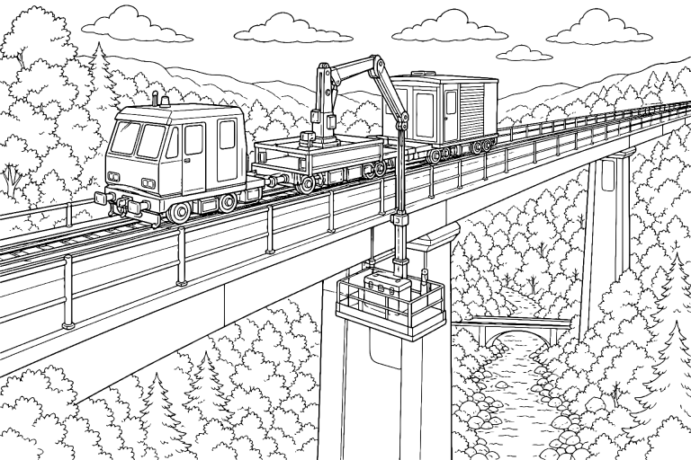 Brückeninspektion mit Arbeitszug – Ausmalbild für Kinder ab 11 Jahren - Ausmalbild ab 11 Jahren