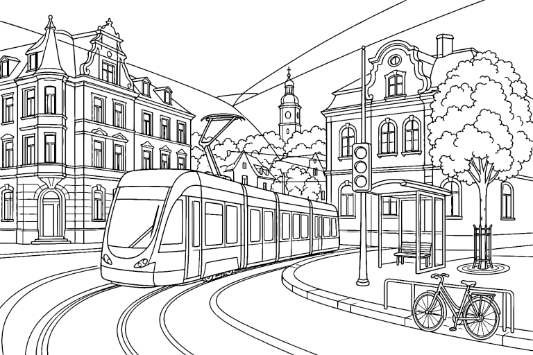 Straßenbahn in der Altstadtkurve – Ausmalbild für Kinder ab 11 Jahren - Ausmalbild ab 11 Jahren