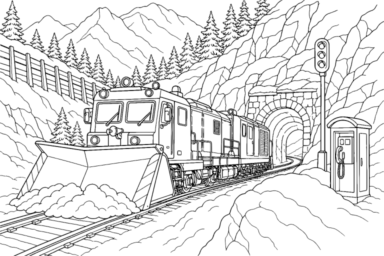 Zug im Schneepflug-Einsatz – Ausmalbild für Kinder ab 11 Jahren - Ausmalbild ab 11 Jahren