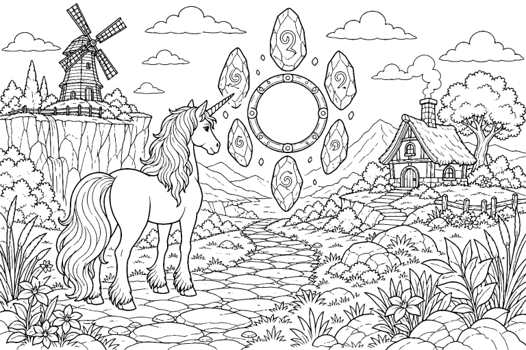 Einhorn am Tor der wandernden Steine - Ausmalbild ab 11 Jahren