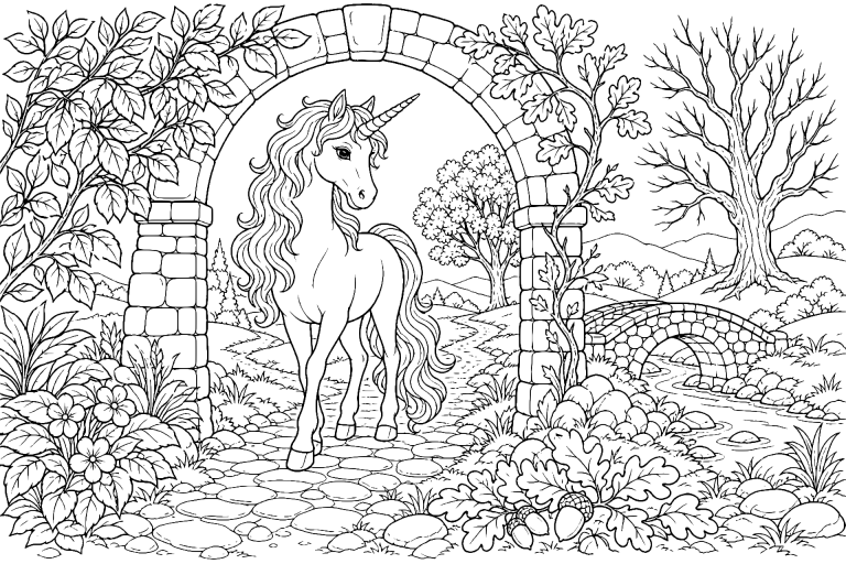 Einhorn am Torbogen der Jahreszeiten - Ausmalbild ab 11 Jahren