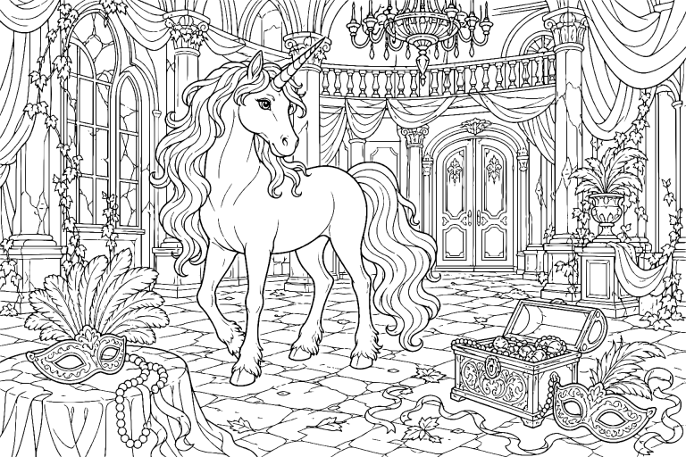 Einhorn am verlassenen Maskenball - Ausmalbild ab 11 Jahren