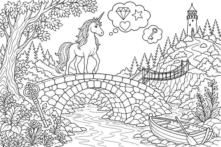 Einhorn auf der Brücke der verlorenen Träume - Ausmalbild ab 11 Jahren
