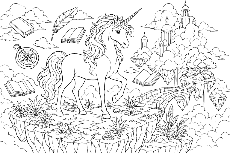 Einhorn auf der Insel der fliegenden Bücher - Ausmalbild ab 11 Jahren