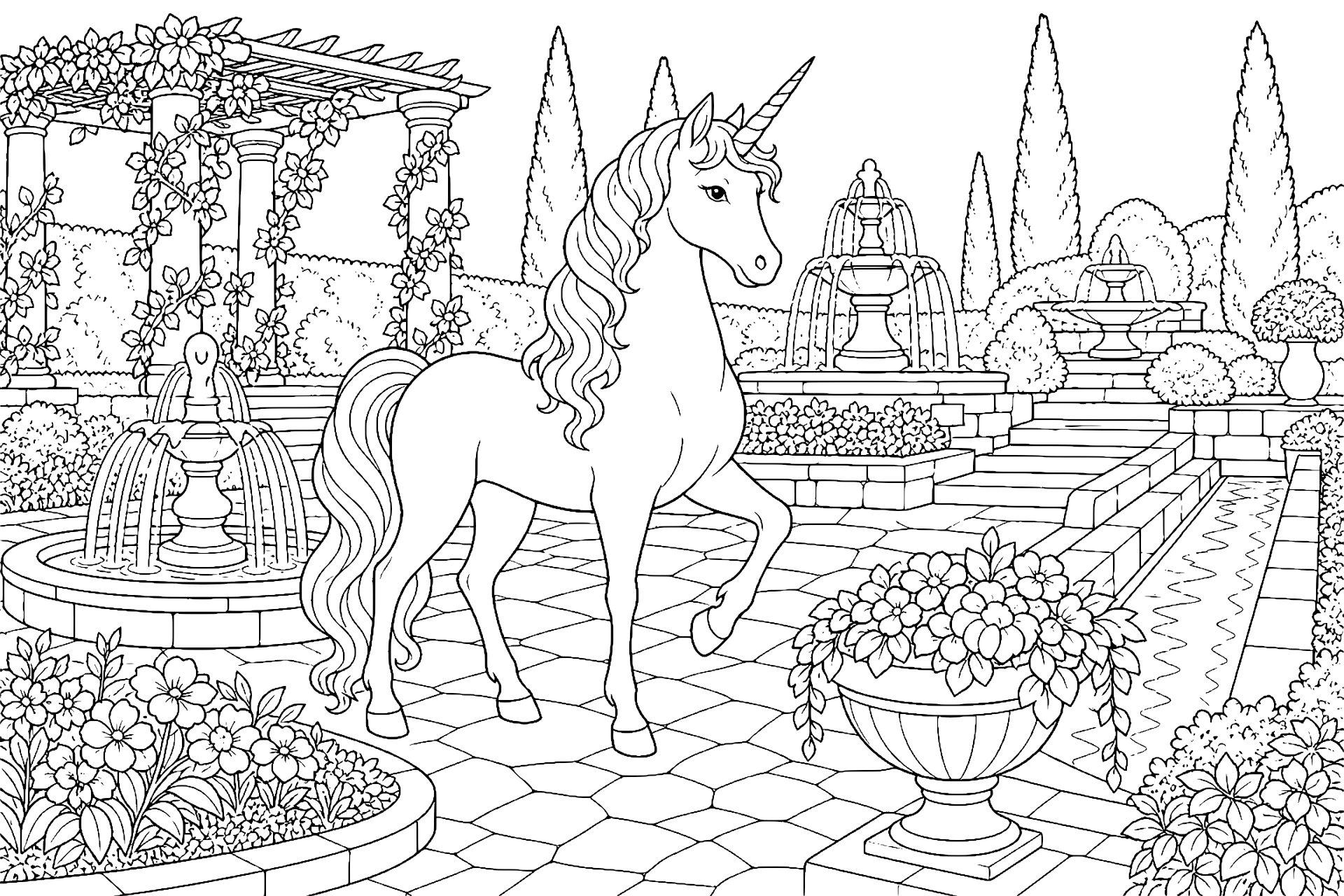 Einhorn im Garten der singenden Brunnen