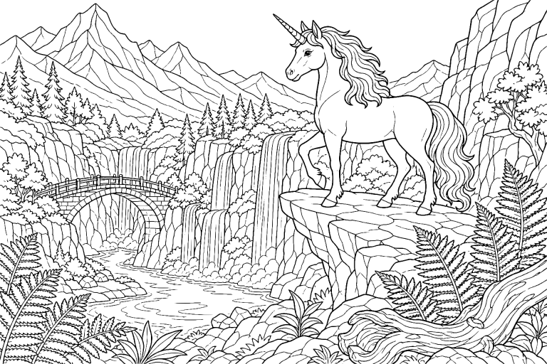 Einhorn im Tal der gläsernen Wasserfälle - Ausmalbild ab 11 Jahren