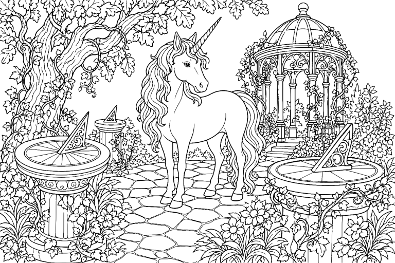 Einhorn im verwunschenen Uhrengarten - Ausmalbild ab 11 Jahren