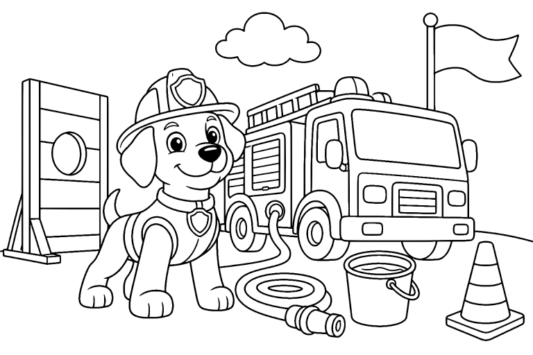 Hund als Feuerwehrhelfer – Ausmalbild ab 6 Jahre - Ausmalbild ab 6 Jahren