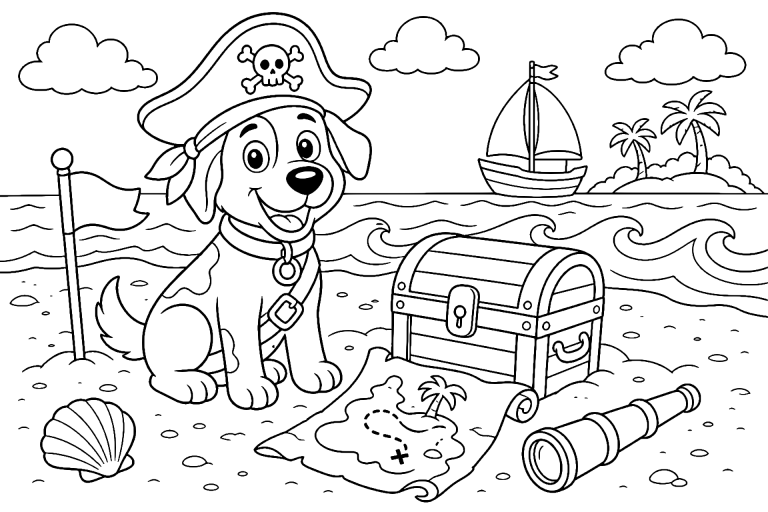 Hund als Pirat am Strand – Ausmalbild ab 6 Jahre - Ausmalbild ab 6 Jahren
