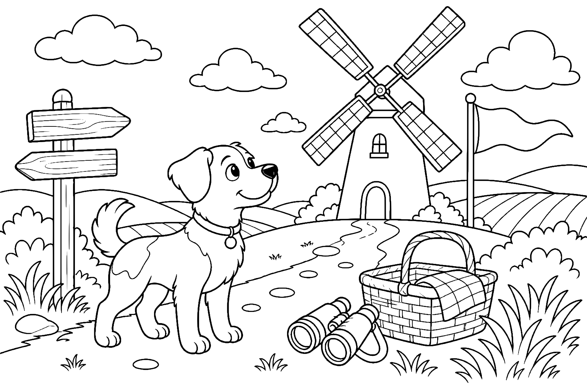 Hund besucht eine Windmühle