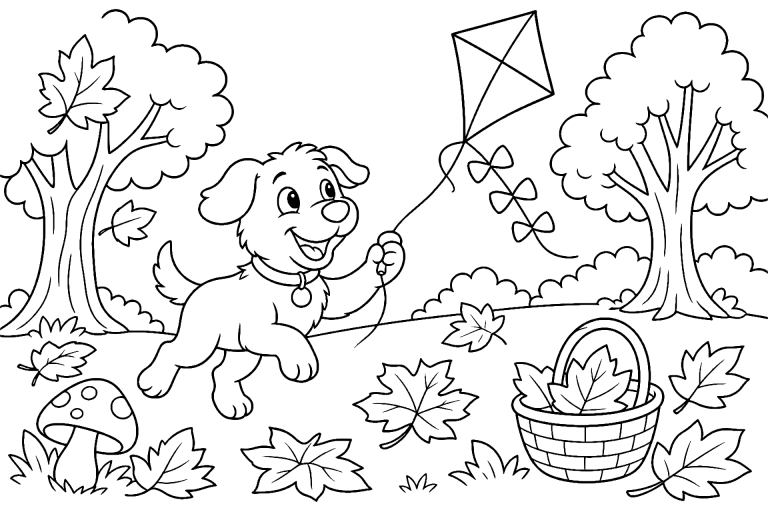 Hund im Herbstwald mit Drachen – Ausmalbild ab 6 Jahre - Ausmalbild ab 6 Jahren