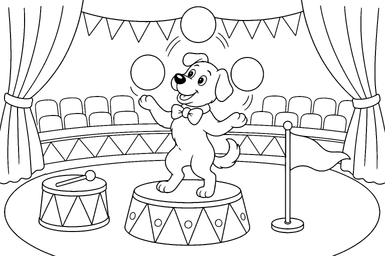 Hund im Zirkus mit Jonglierbällen – Ausmalbild ab 6 Jahre - Ausmalbild ab 6 Jahren