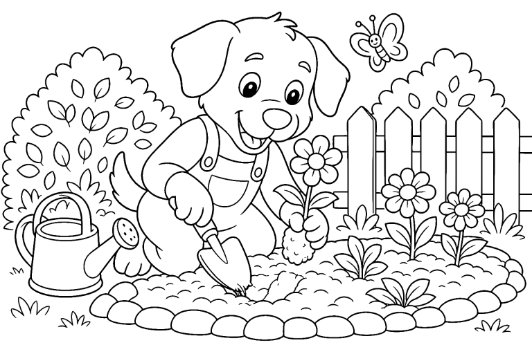 Hund pflanzt Blumen im Garten – Ausmalbild ab 6 Jahre - Ausmalbild ab 6 Jahren