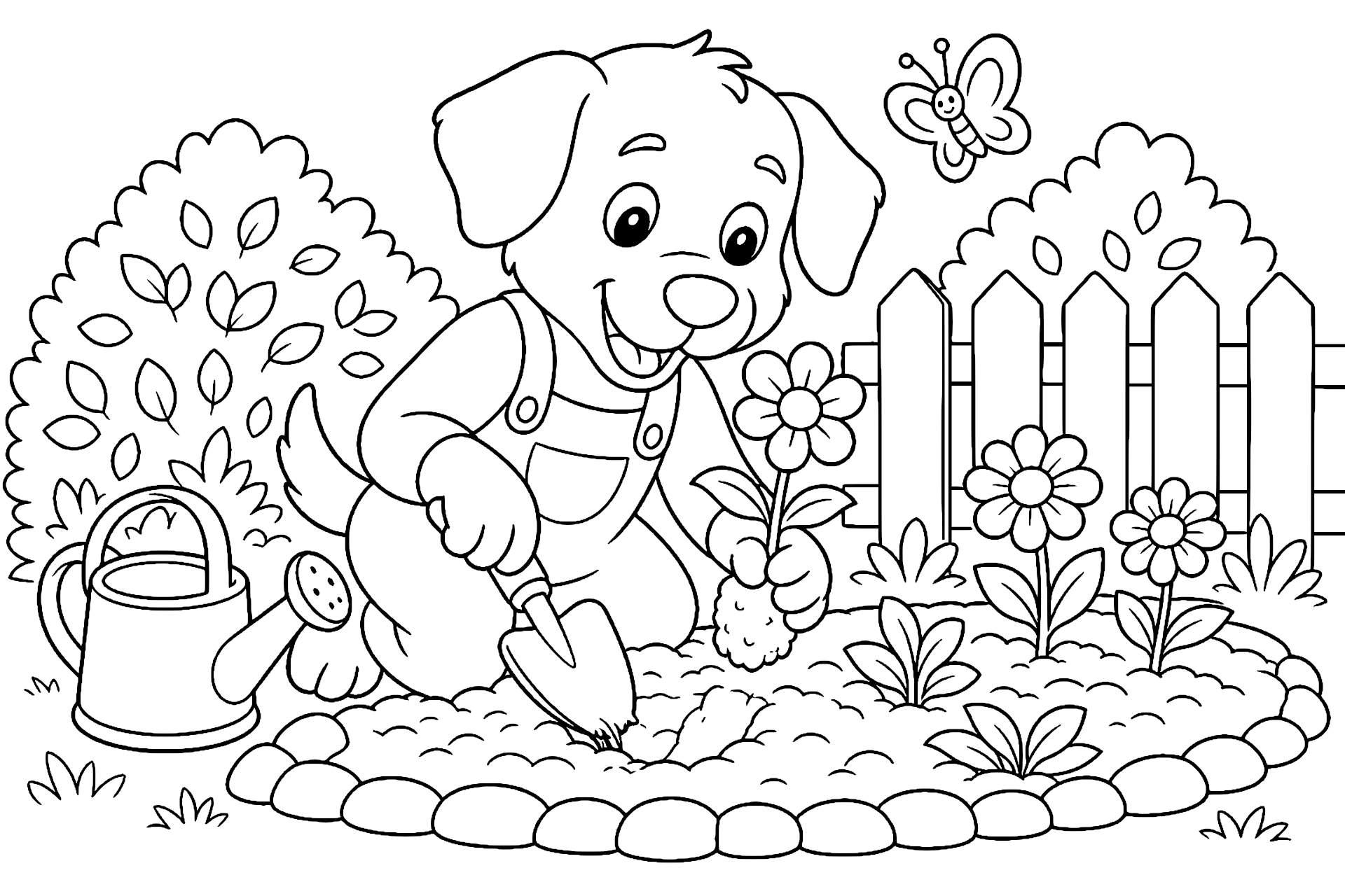 Hund pflanzt Blumen im Garten