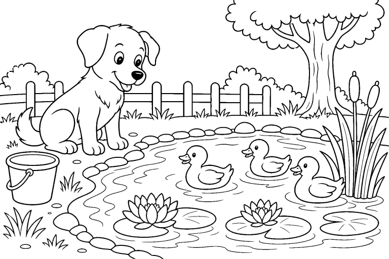 Hund und Enten am Teich – Ausmalbild ab 6 Jahre - Ausmalbild ab 6 Jahren