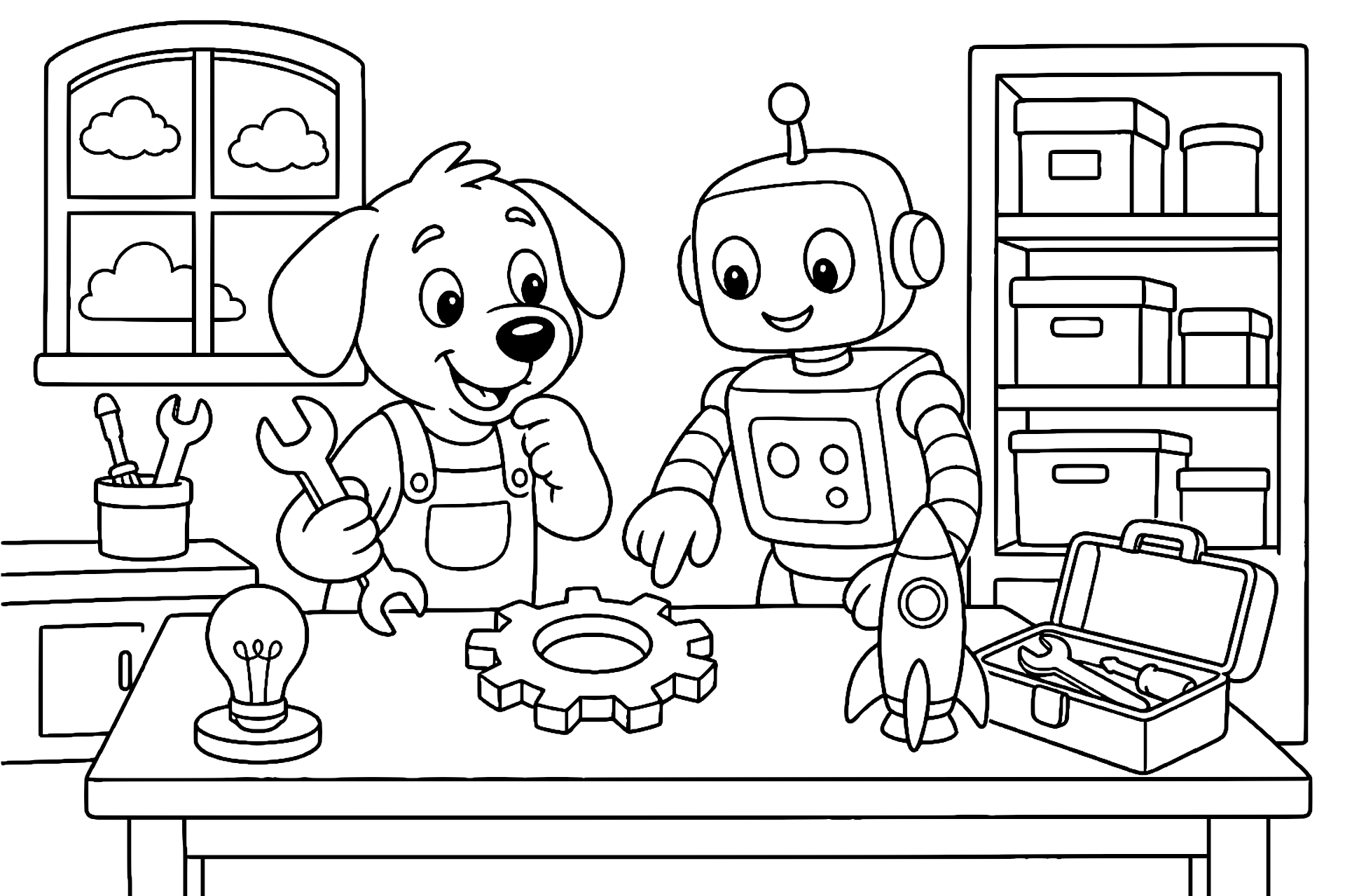 Hund und Roboter im Erfinderlabor