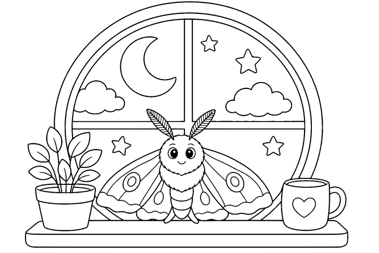 Nachtfalter am Mondscheinfenster – Ausmalbild für Kinder ab 6 Jahren - Ausmalbild ab 6 Jahren