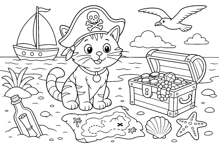 Katze als Piratin am Schatzstrand – Ausmalbild ab 6 Jahre - Ausmalbild ab 6 Jahren