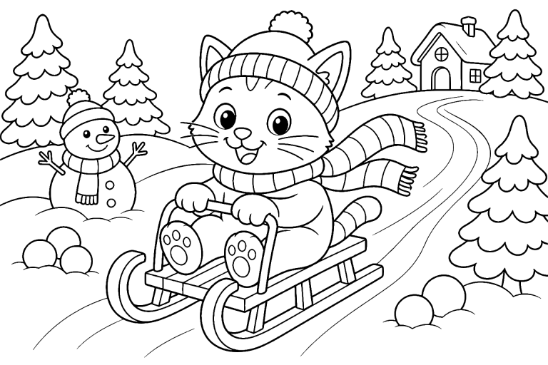 Katze auf einer Winterrodelbahn – Ausmalbild ab 6 Jahre - Ausmalbild ab 6 Jahren