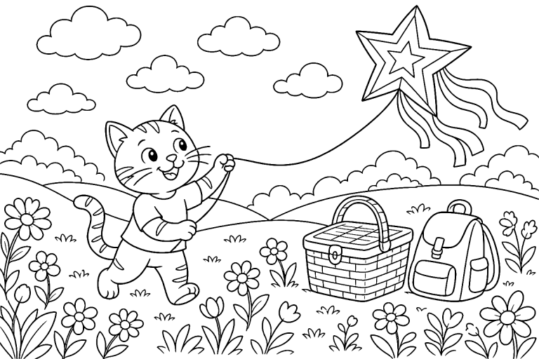 Katze beim Drachensteigen – Ausmalbild ab 6 Jahre - Ausmalbild ab 6 Jahren