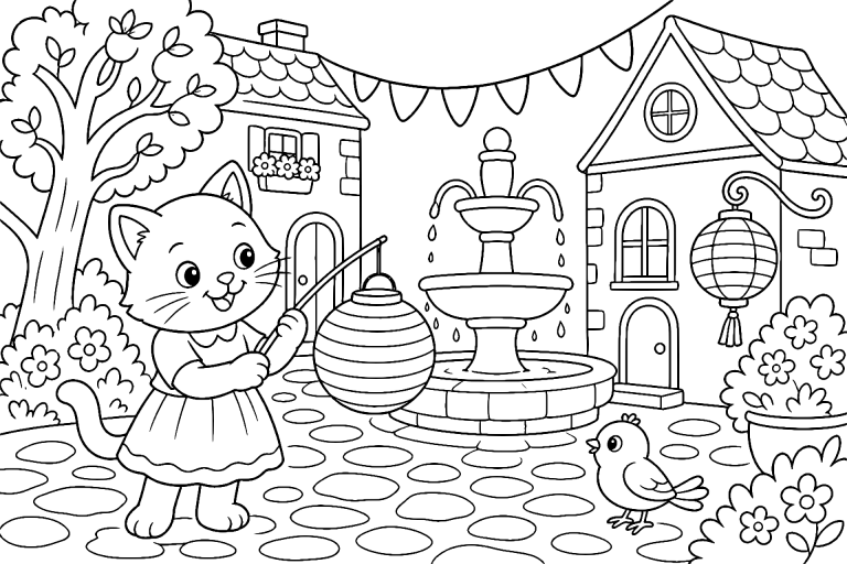 Katze beim Laternenfest – Ausmalbild ab 6 Jahre - Ausmalbild ab 6 Jahren