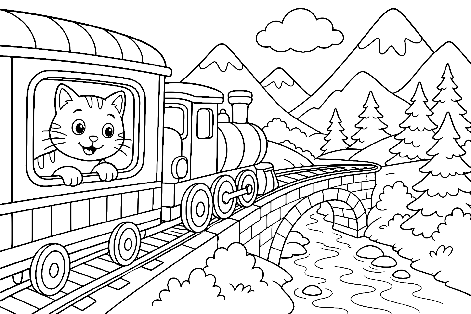 Katze fährt im Zug durch die Berge – Ausmalbild ab 6 Jahre - Ausmalbild ab 6 Jahren