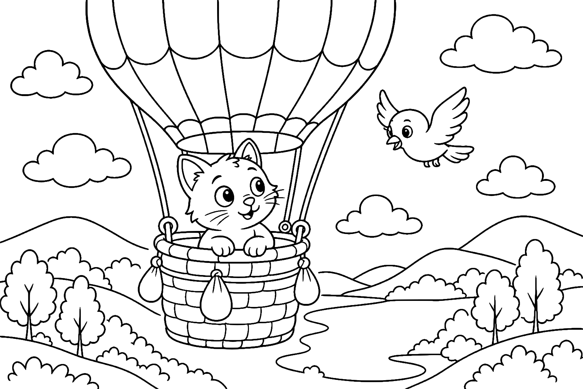 Katze im Heißluftballon – Ausmalbild ab 6 Jahre - Ausmalbild ab 6 Jahren